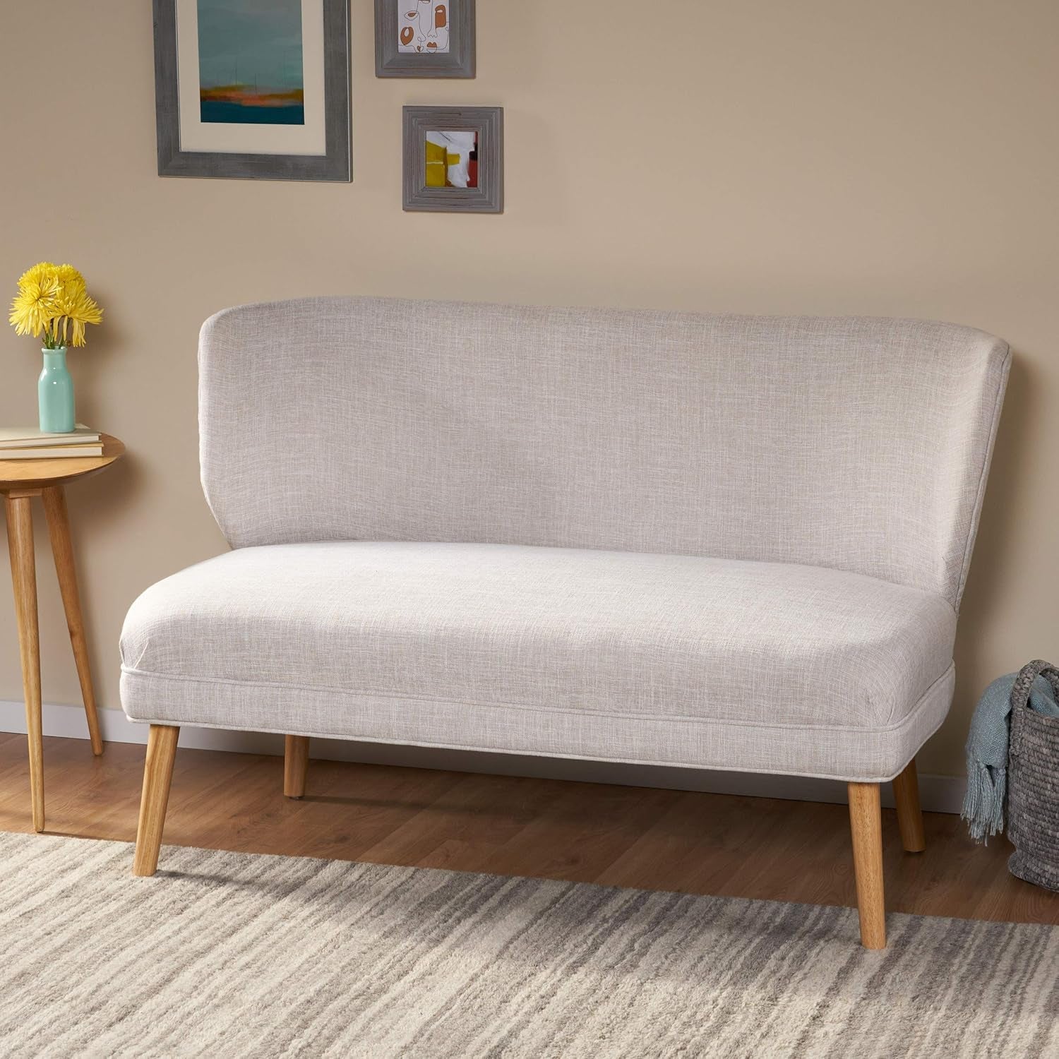 Gdfstudio Dumont Mid-Century Modern Fabric Settee, Beige and Natural, Loveseat