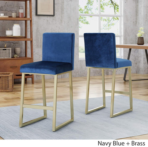 Christopher Knight Home Lexi Modern Velvet Barstools, Navy Blue and Brass (Set of 2)