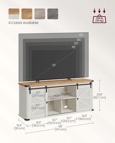 TV Stand for Tvs up to 65 Inches, Farmhouse Entertainment Center with Sliding Barn Doors, TV Console Table for Living Room, Rustic White and Honey Brown ULTV324W73