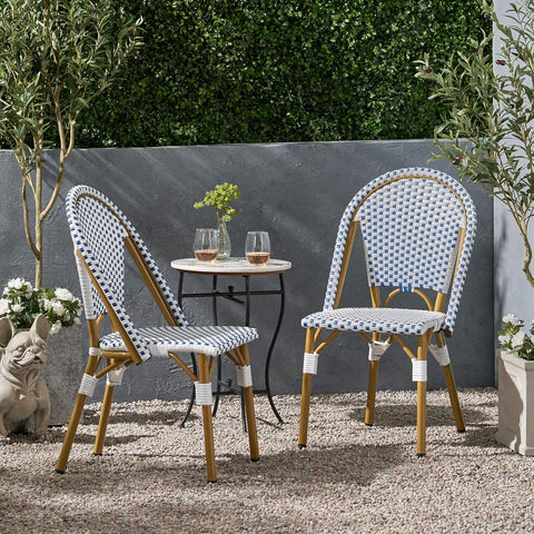 Philomena Outdoor French Bistro Chair (Set of 2), Blue + White + Bamboo Print Finish