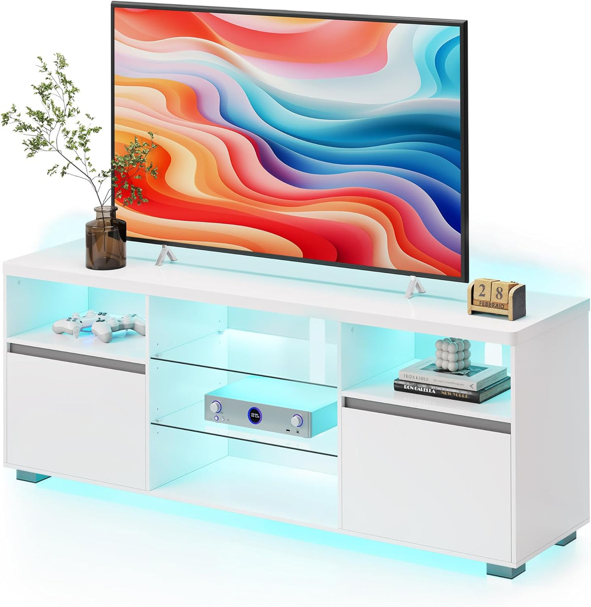 Stand with LED Lights 70 Inch, Entertainment Center with Open Glass Shelves, 2 Cabinets with Doors, 63 Long, TV Console for Bedroom Living Room, White ULTV330T10, 63 X 15.7 X 23.6 Inches