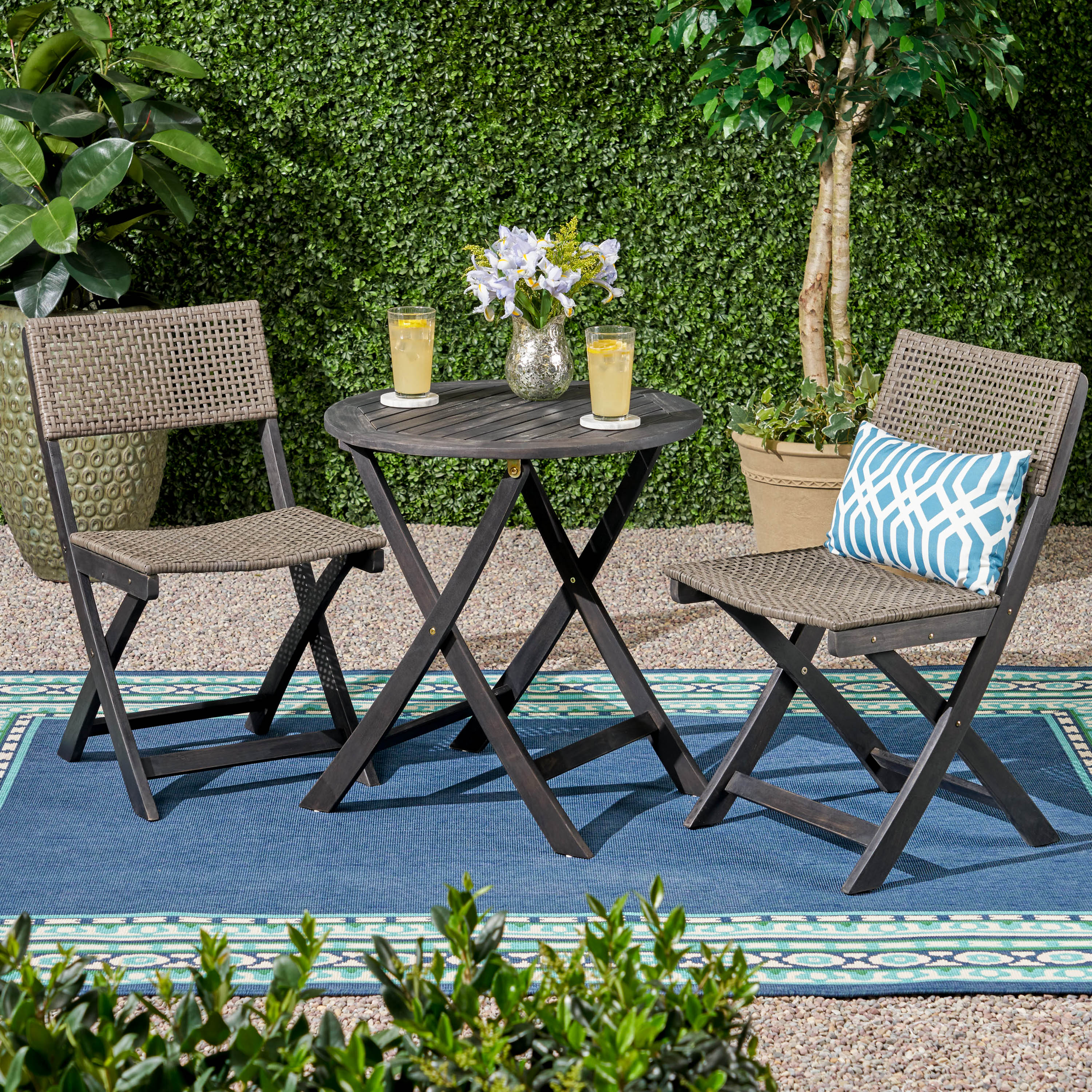 Brooke Outdoor Acacia Wood and Wicker 3 Piece Folding Bistro Set, Dark Gray and Brown