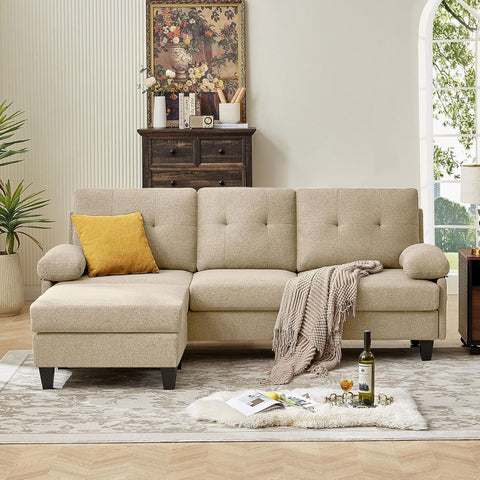 86" Convertible Sectional Sofa Couch, Modern Linen Fabric L Shaped Couch with Reversible Chaise, Upholstered Deep Seat Cushion 3 Seater Sofa for Small Space Apartment (Beige)