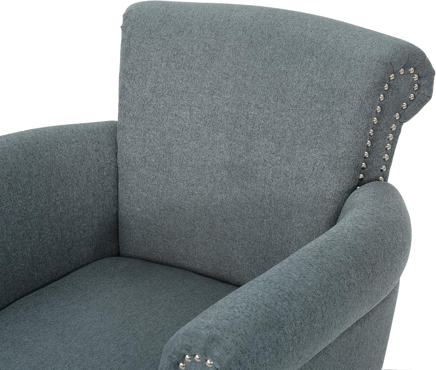 Brice Vintage Scroll Arm Studded Fabric Club Chair, Steel Blue / Dark Brown