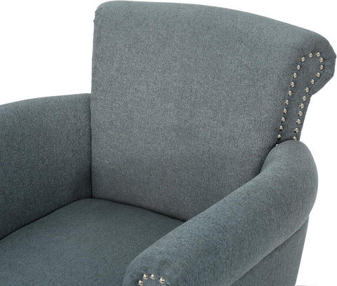 Brice Vintage Scroll Arm Studded Fabric Club Chair, Steel Blue / Dark Brown