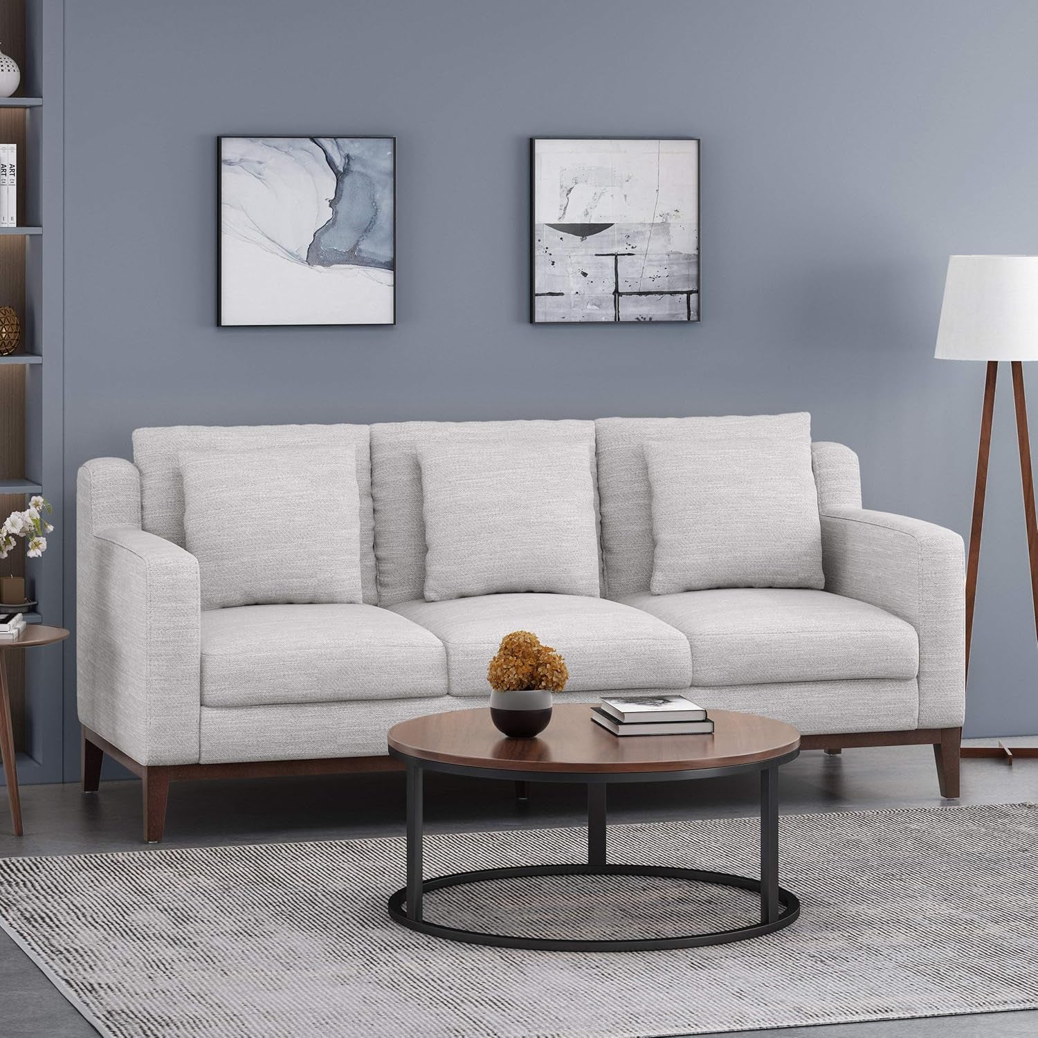 Elliston Sofas, Light Gray + Dark Walnut