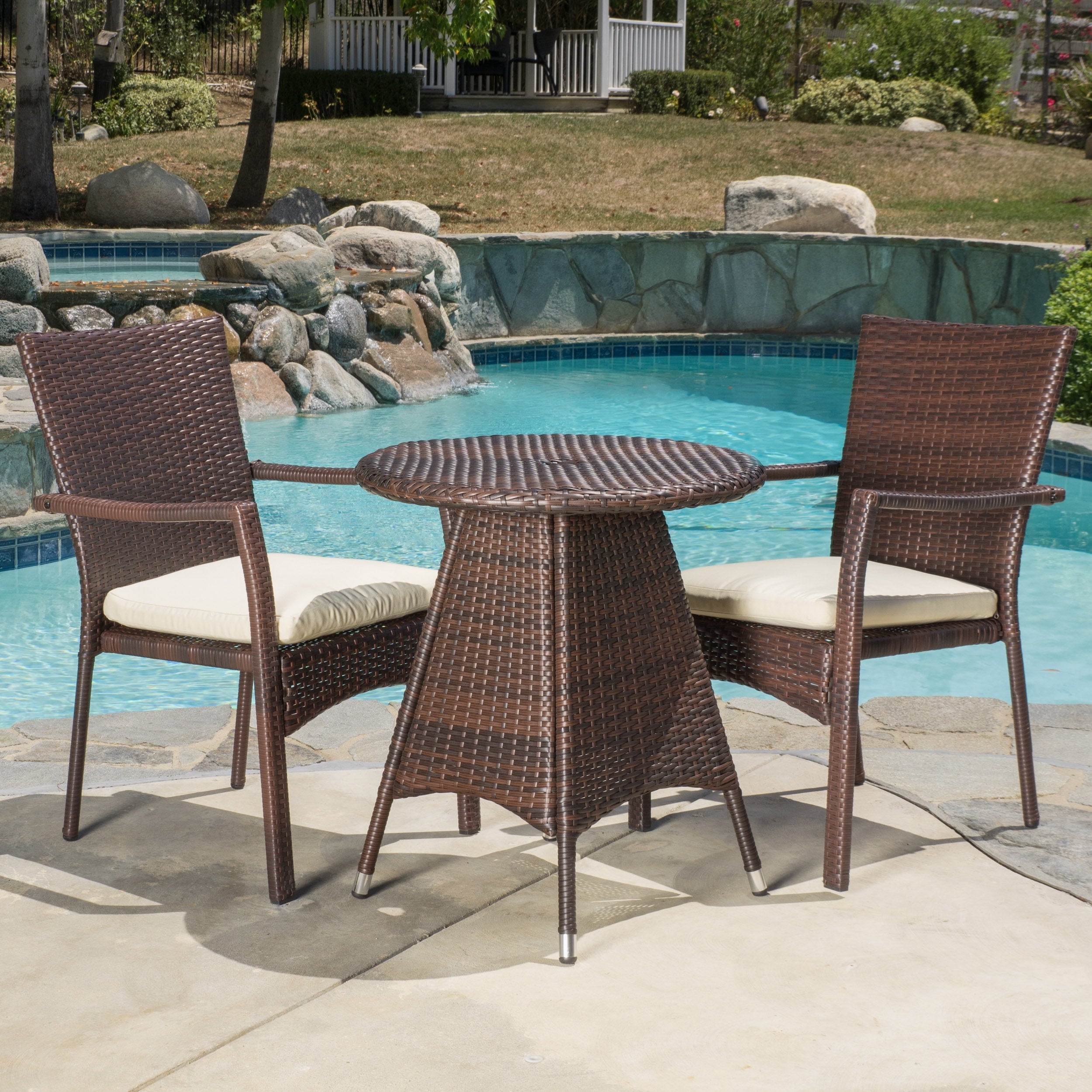 Polmer Outdoor Wicker 3 Piece Bistro Set with Cushion, Multibrown and Cream