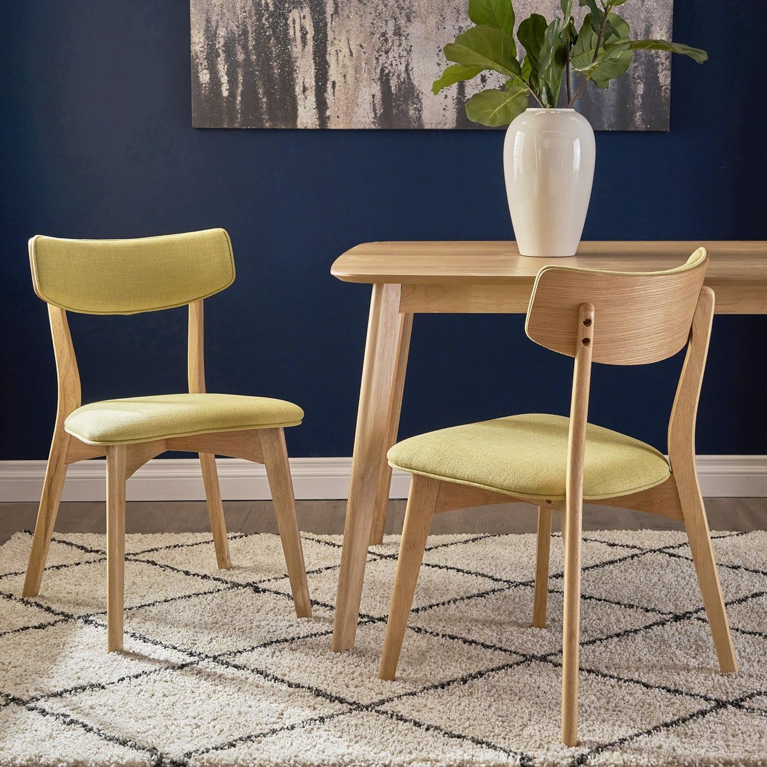 Abrielle Mid-Century Modern Fabric Dining Chairs with Natural Oak Finished Rubberwood Frame, 2-Pcs Set, Green Tea / Natural Oak