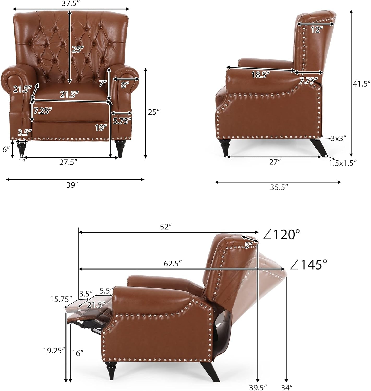 Sunapee Recliner, Cognac Brown + Espresso