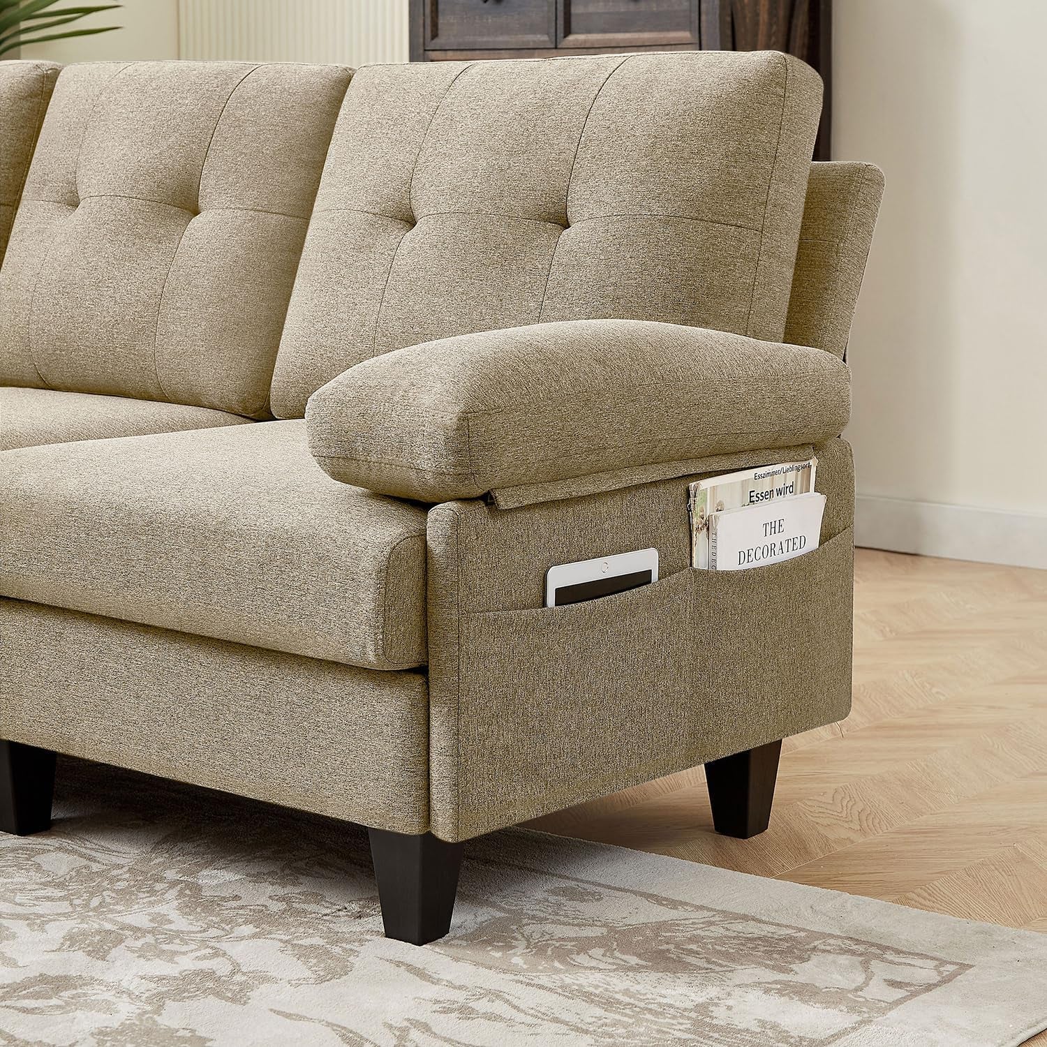 86" Convertible Sectional Sofa Couch, Modern Linen Fabric L Shaped Couch with Reversible Chaise, Upholstered Deep Seat Cushion 3 Seater Sofa for Small Space Apartment (Beige)