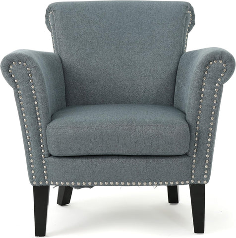 Brice Vintage Scroll Arm Studded Fabric Club Chair, Steel Blue / Dark Brown