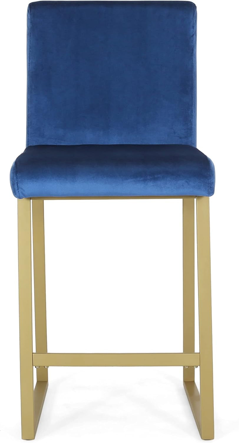 Christopher Knight Home Lexi Modern Velvet Barstools, Navy Blue and Brass (Set of 2)