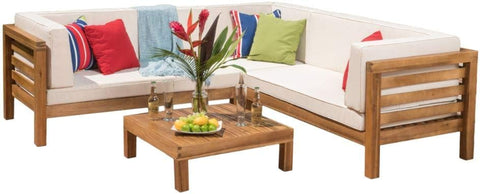 Oana Outdoor Wooden Sectional Set with Cushions, 4-Pcs Set, Teak Finish / Beige