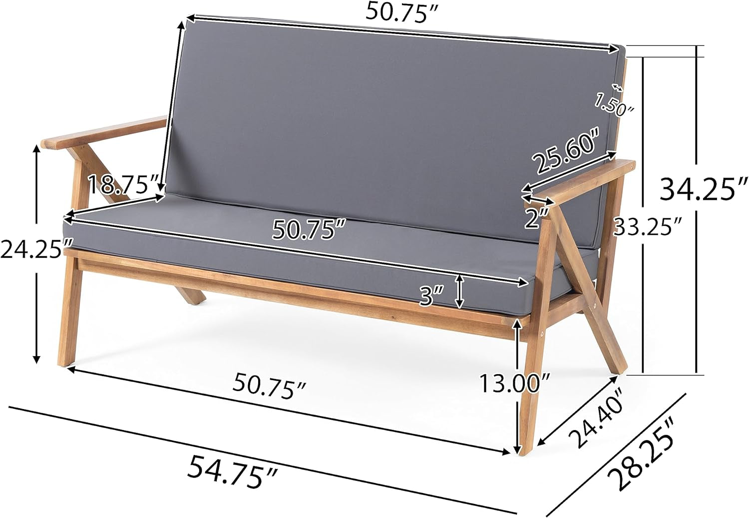 Panama Outdoor Acacia Wood Chat Set with Water Resistant Cushions, 4-Pcs Set, Teak Finish / Grey