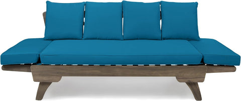 Aldrich Outdoor Acacia Wood Expandable Daybed with Water Resistant Cushions, Dark Teal and Gray