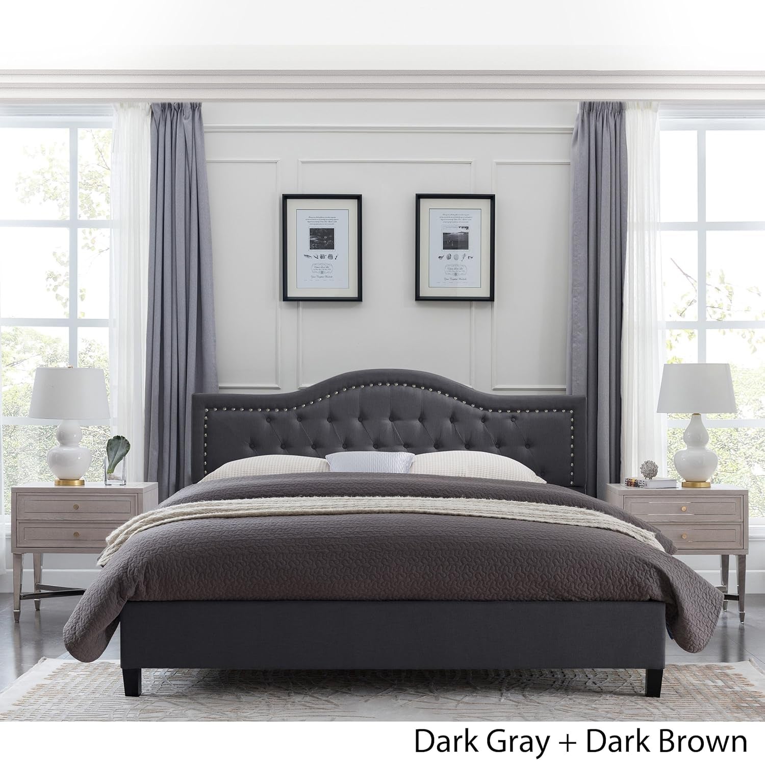 Jacko Fully-Upholstered Traditional Queen-Sized Bed Frame, Dark Gray, Brown