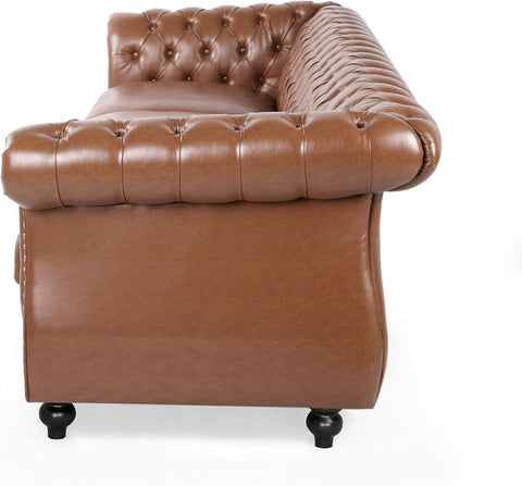 Quentin Chesterfield Tufted Sofa with Scroll Arms, Cognac Brown, Dark Brown