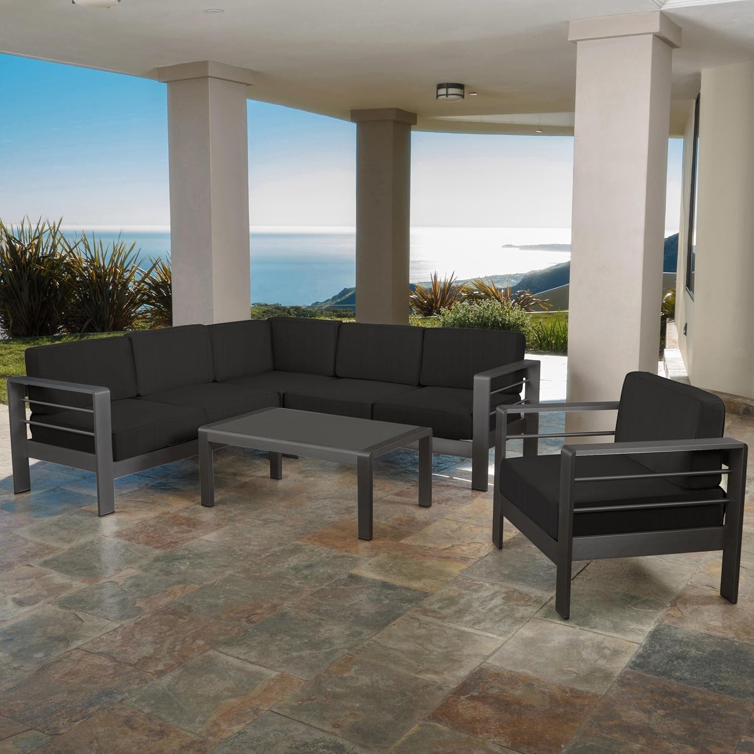 Cape Coral Outdoor Grey Aluminum 5 Piece V-Shape Sectional Sofa Conversation Set with Water Resistant Cushions and Club Chair, 80.75 "W X 80.75 "D X 24.5 "H, Gray + Dark Gray