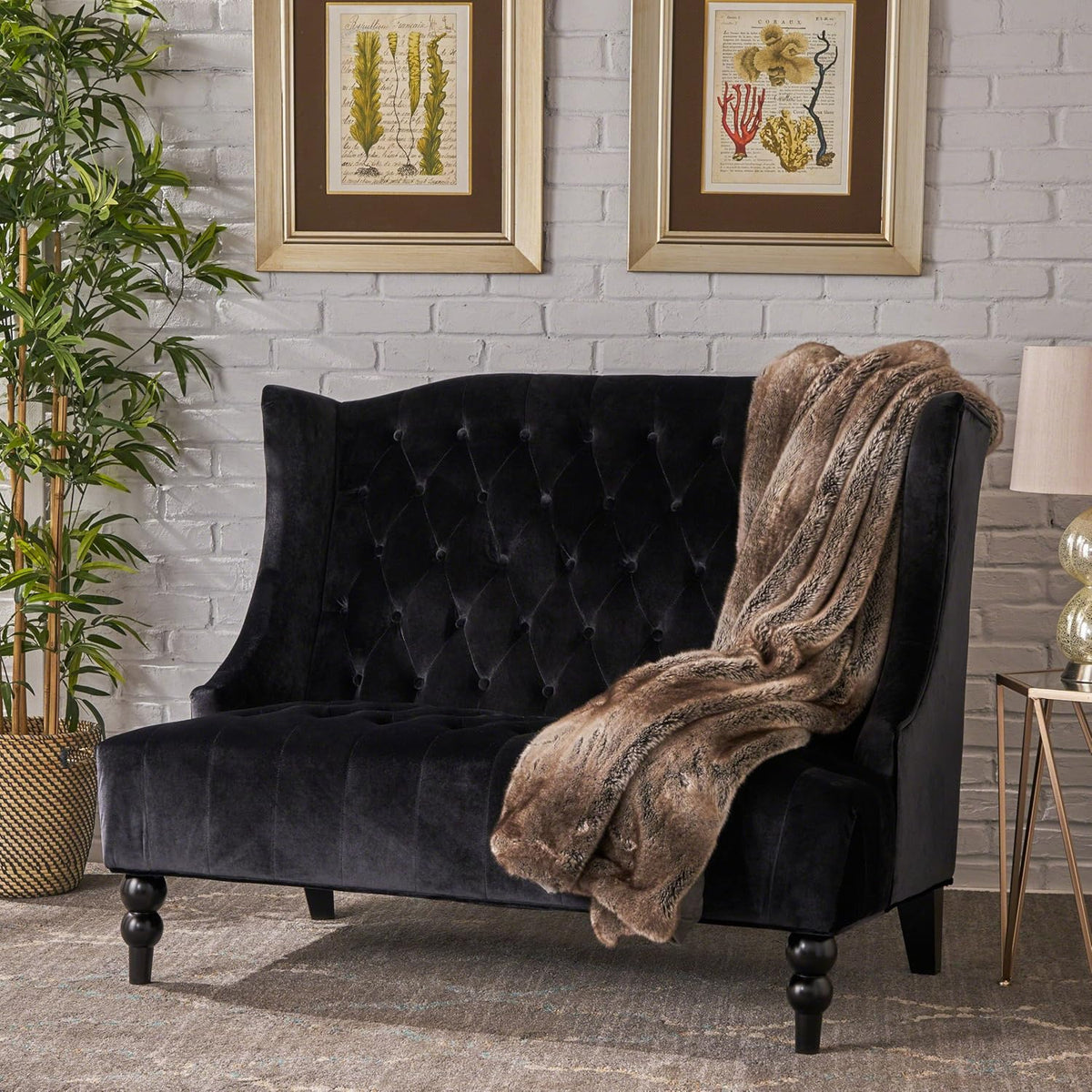 Leora Modern Glam Tufted Velvet Wingback Loveseat, Black / Dark Brown