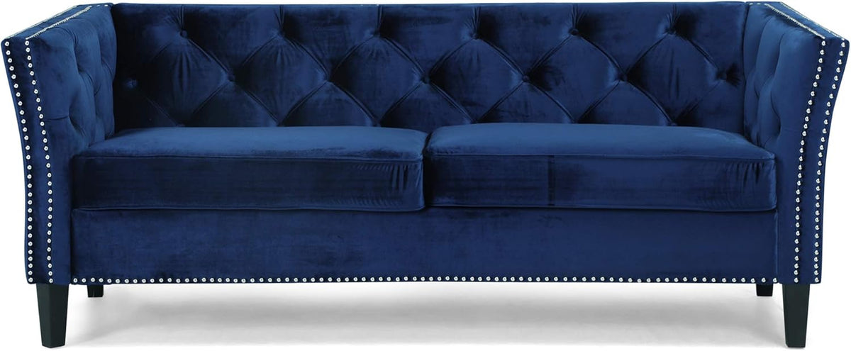 Sunny Velvet 3 Seater Sofa, Midnight Blue, Dark Brown