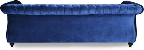 Vita Tufted Microfiber Sofa with Scroll Arms, Navy Blue, Dark Brown