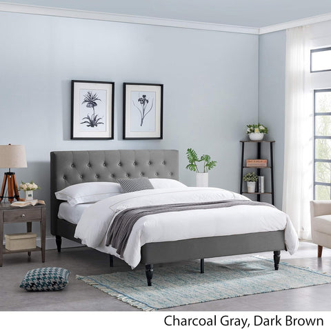 Agnes Fully-Upholstered Queen-Size Platform Bed Frame, Low-Profile, Contemporary, Charcoal Gray, Dark Brown