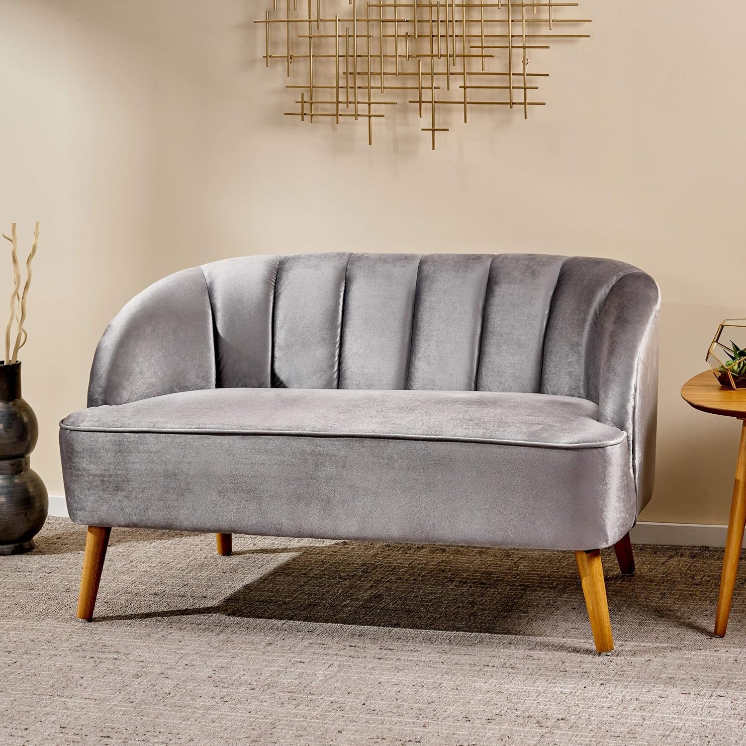 Amaia Modern Velvet Sofa, Pewter / Walnut