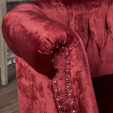 Melaina Tufted Chesterfield Velvet Loveseat with Scrolled Arms, Garnet and Dark Brown