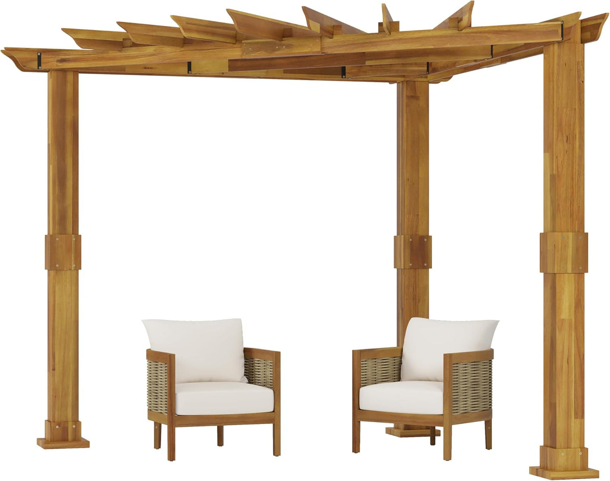 Burchett Outdoor Acacia Wood 3 Piece Club Chairs Chat Set and Triangle Pergola, 27.5 "W X 29.5 "D X 24.75 "H, Teak + Black + Mixed Brown + Beige