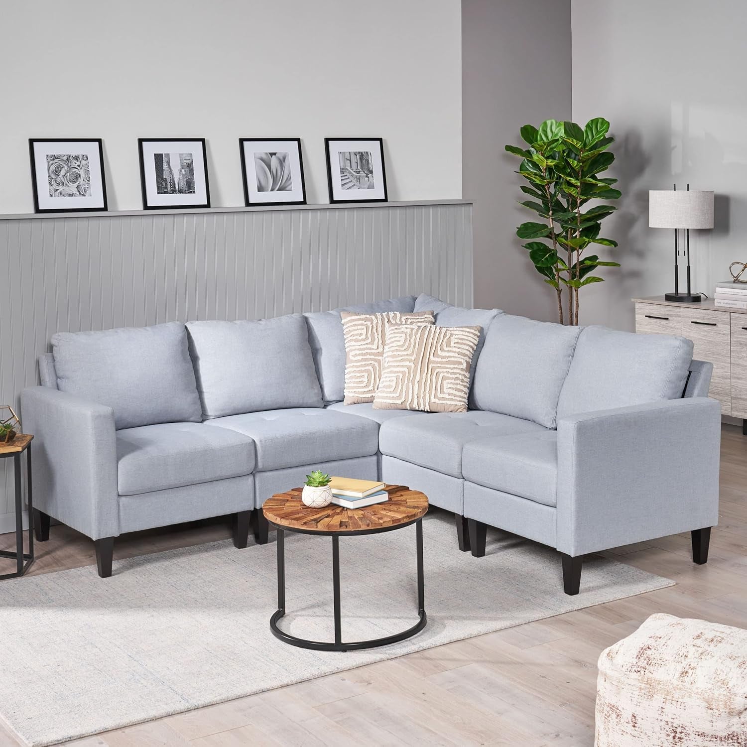 Zahra Fabric Sectional Couch, 5-Pcs Set, Light Grey