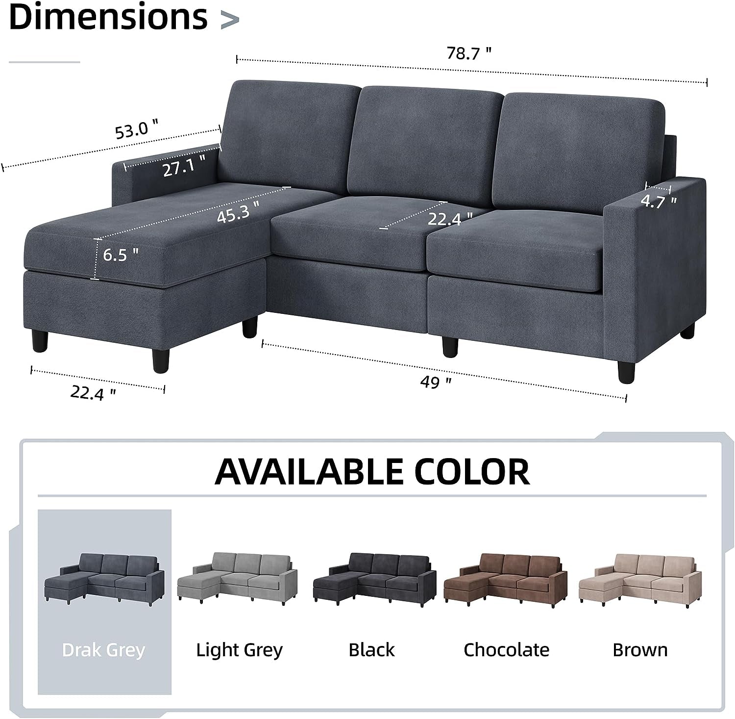 79 Inch Convertible Sectionl Sof Couch, Modern Linen Fbric L-Shped , 3-Set Sof Sectionl with Reversible Chise for Living Room, prtment nd Smll Spce (Drk Grey)