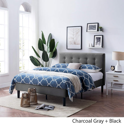 Gloria Fully-Upholstered Queen-Size Platform Bed Frame, Modern, Contemporary, Low-Profile, Charcoal Gray