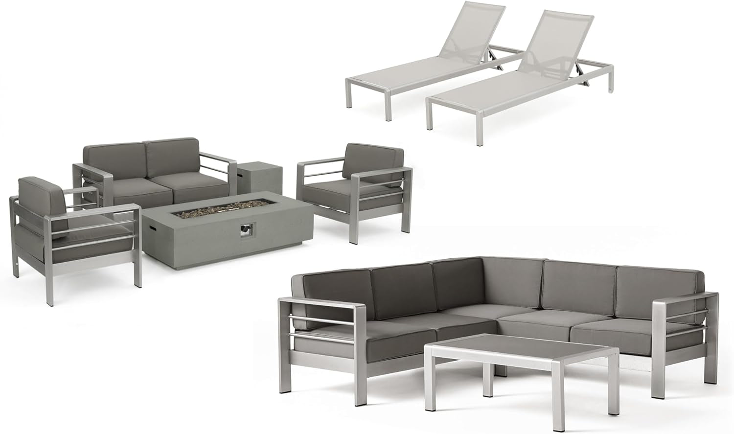 Cape Coral Outdoor Sofa and Chat Set with Lounges and Firepit, Khaki / Light Grey / Silver / Grey