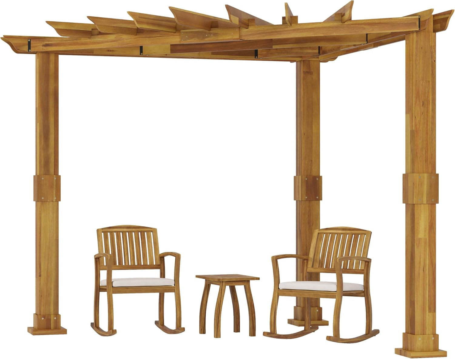 Lucca Outdoor Acacia Wood 3 Piece Rocking Chair Chat Set and Triangle Pergola, 24 "W X 33.25 "D X 35.75 "H, Teak + Black + Cream