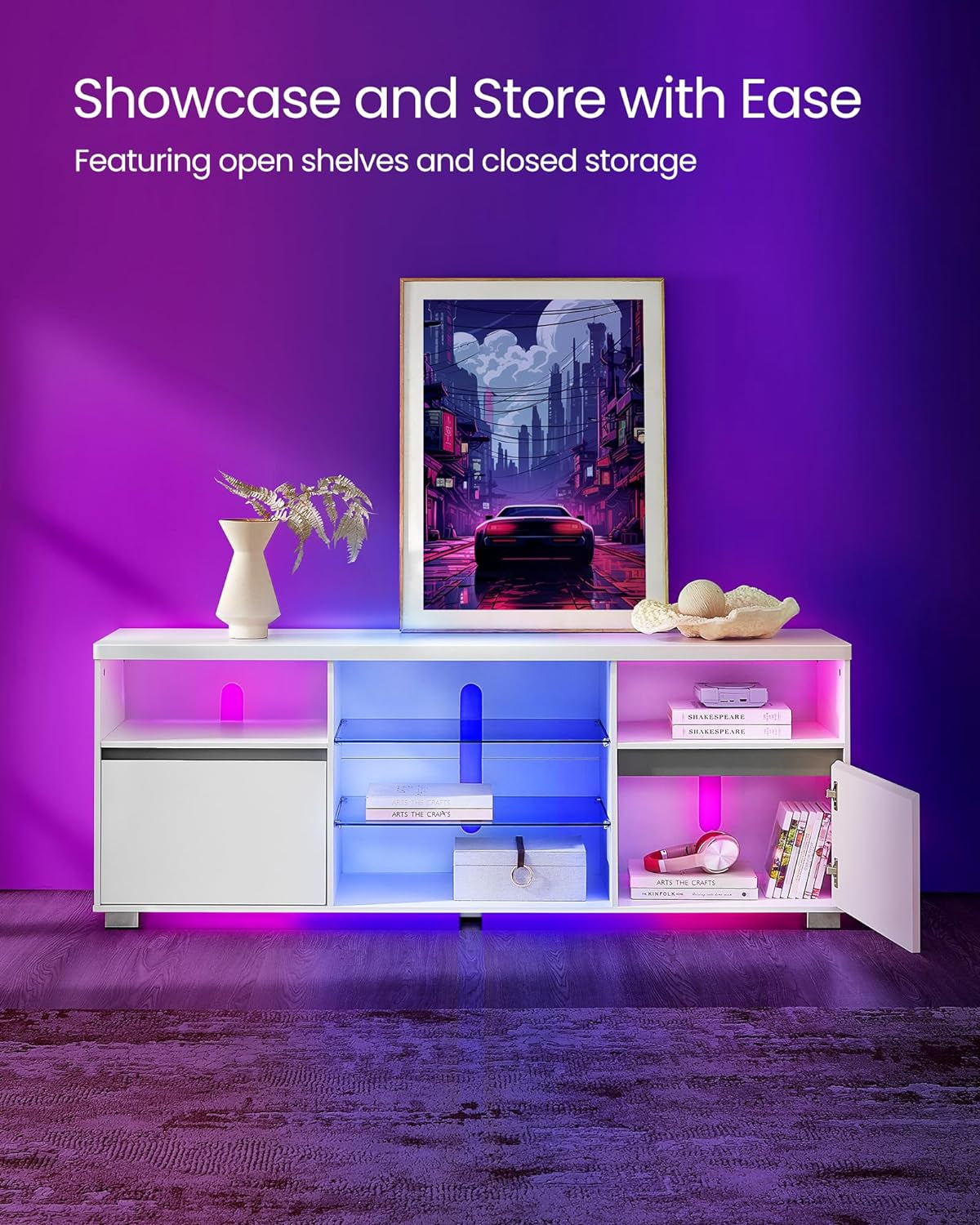 Stand with LED Lights 70 Inch, Entertainment Center with Open Glass Shelves, 2 Cabinets with Doors, 63 Long, TV Console for Bedroom Living Room, White ULTV330T10, 63 X 15.7 X 23.6 Inches