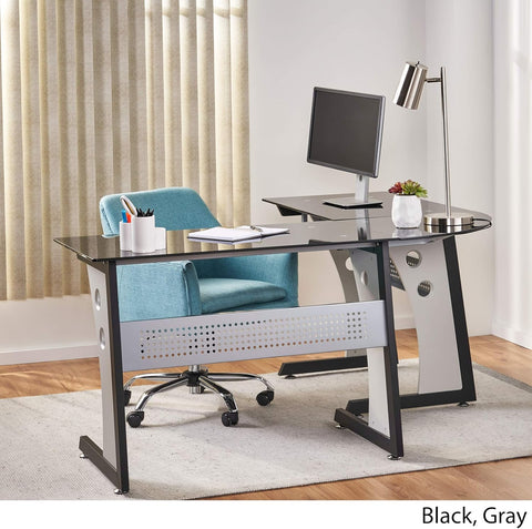 Oria L-Shaped Office Desk with Tempered Glass Top, Black / Grey