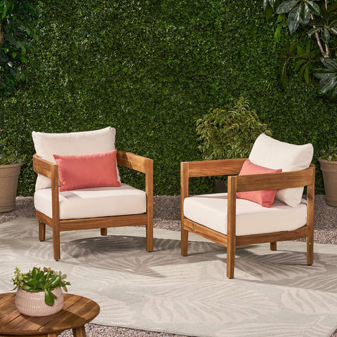 312395 Alfy Outdoor Club Chair with Cushions (Set of 2), Teak Finish, Beige