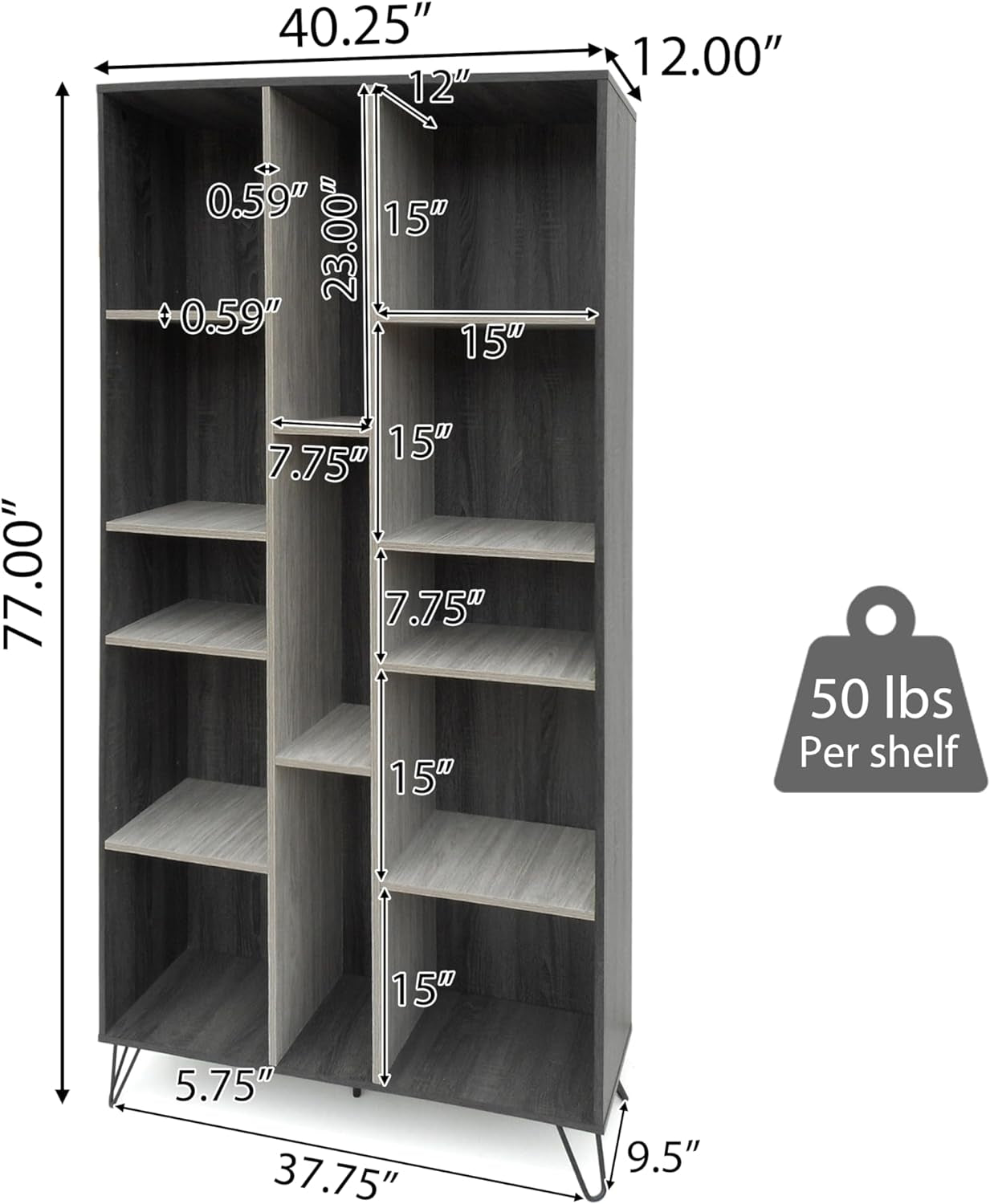 Imogen Modern Two-Toned Faux Wood Bookshelf, Sonoma Grey Oak / Grey Oak / Black