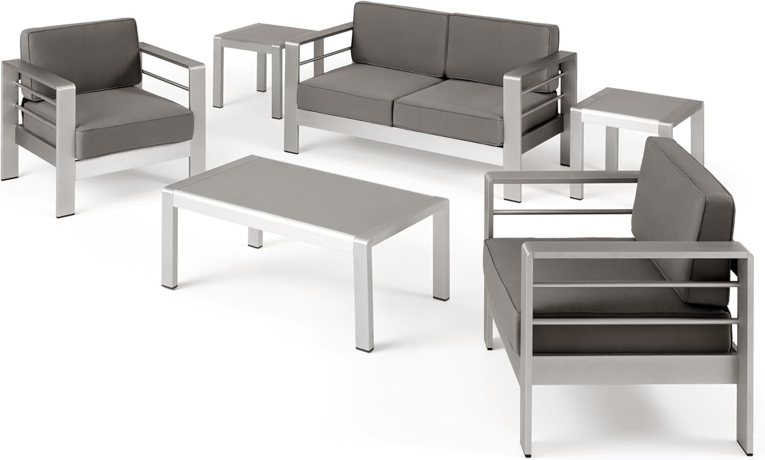 Cape Coral Outdoor 4 Seater Aluminum Chat Set with 2 Side Table, 32.00 "W X 27.5 "D X 24.6 "H, Silver + Khaki