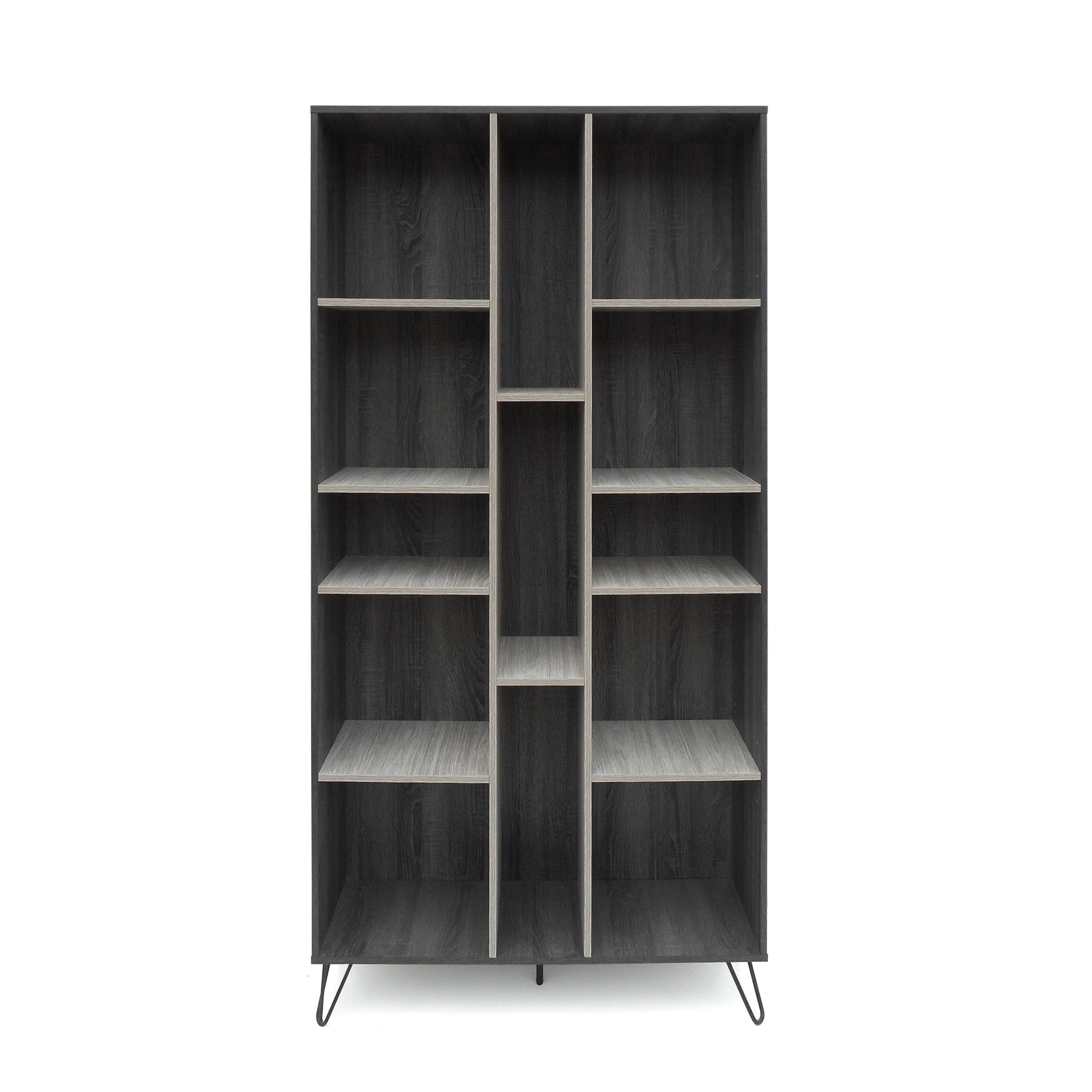 Lexia Contemporary Faux Wood Two Toned 13 Shelf Bookcase, Sonoma Gray Oak, Gray, and Black