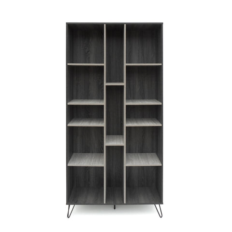 Lexia Contemporary Faux Wood Two Toned 13 Shelf Bookcase, Sonoma Gray Oak, Gray, and Black