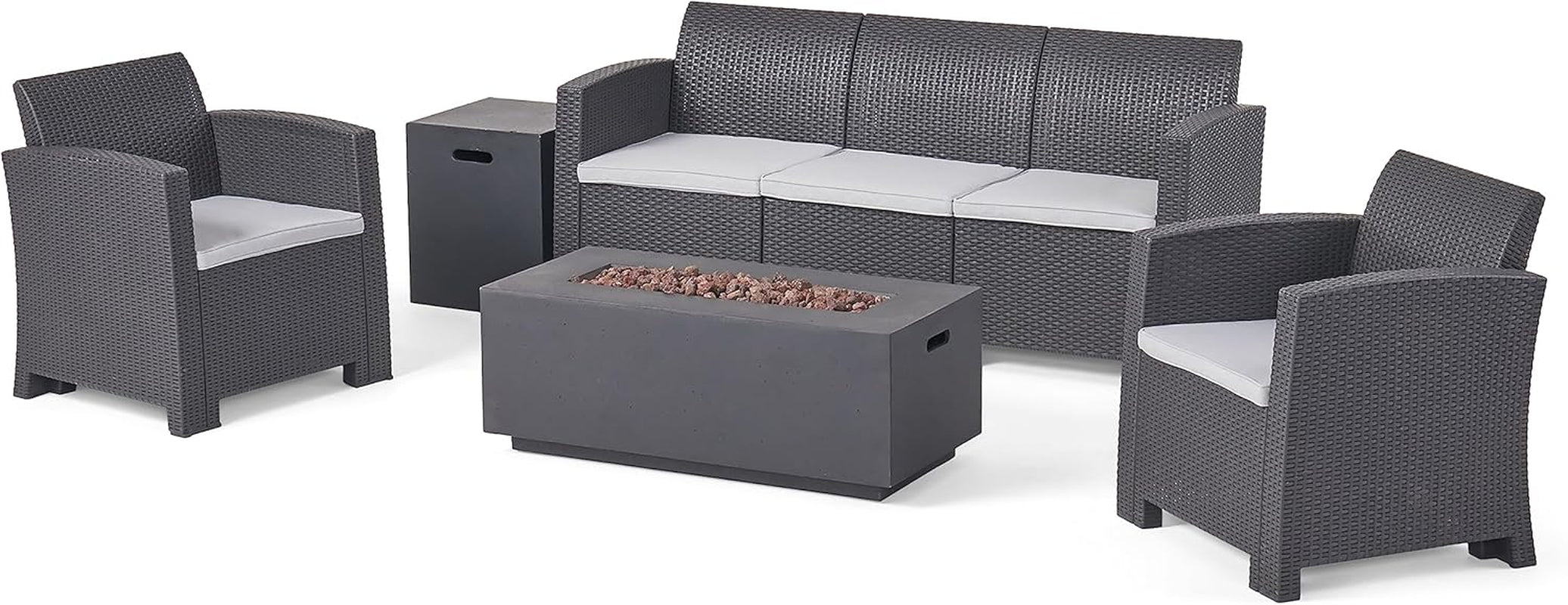 Mercier Outdoor 5-Seater Wicker Print Chat Set with Fire Pit and Tank Holder, 26.5 "W X 26 "D X 30 "H, Charcoal + Light Gray + Dark Gray