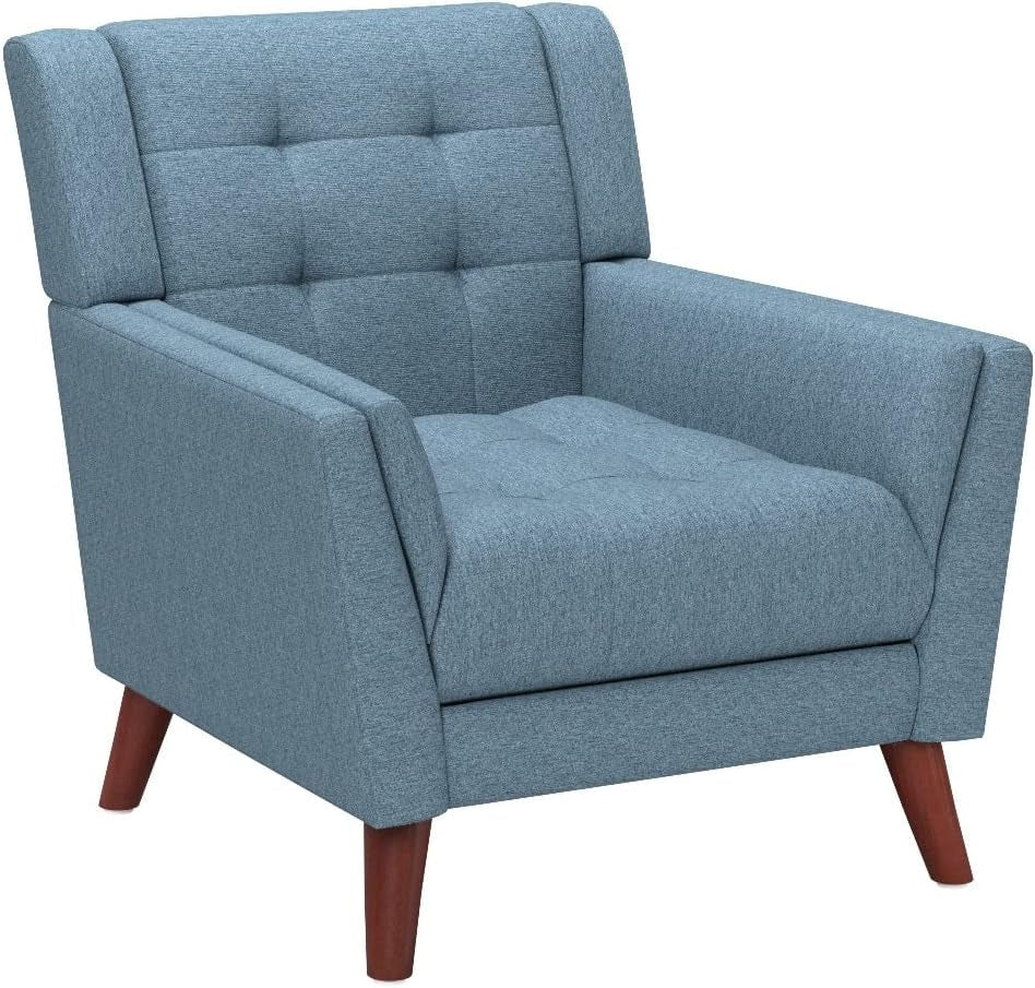 Alisa Mid Century Modern Fabric Arm Chair, Blue and Walnut