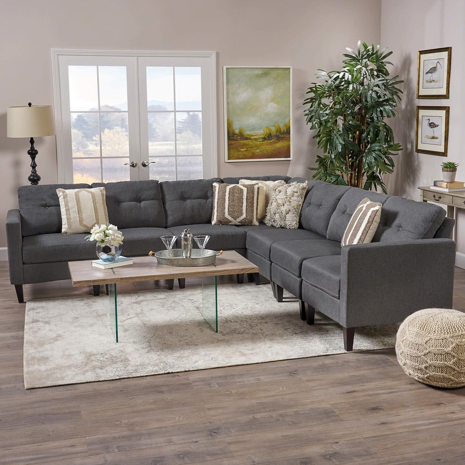 Emmie Mid-Century Modern 7-Piece Extended Sectional Sofa, Dark Grey / Dark Brown