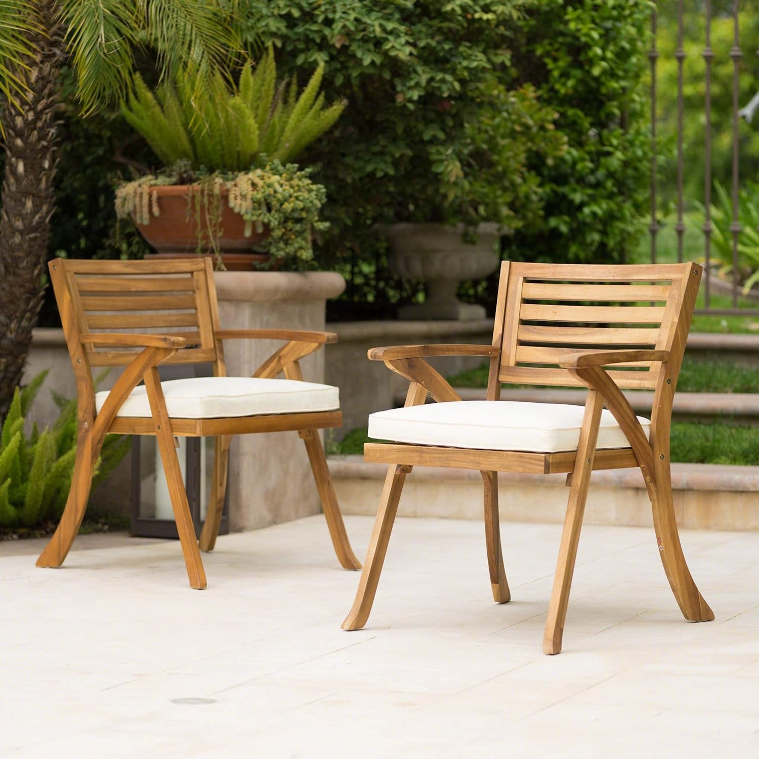 Hermosa Outdoor Acacia Wood Arm Chairs, 2-Pcs Set, Teak Finish / Cream