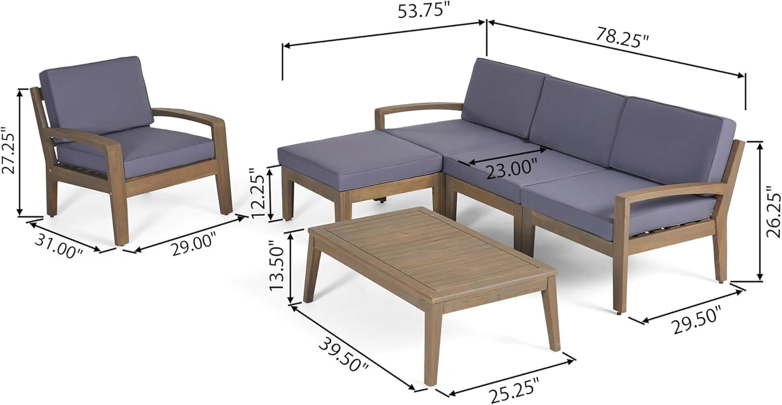 Grenada Outdoor Acacia Wood 4 Seater Sectional Sofa and Club Chair Chat Set with Ottoman, 22.75 "W X 23.5 "D X 4 "H, Gray + Dark Gray