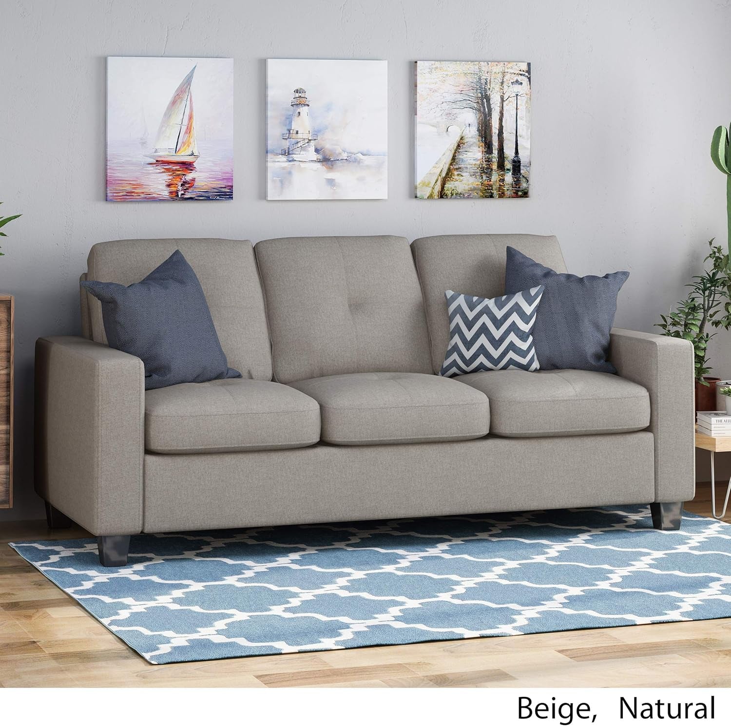 Viviana Three Seater Sofa with Wood Legs, Beige and Natural Finish