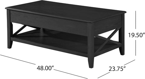 Laurel Luke Farmhouse Faux Wood Lift Top Coffee Table, Black, 23.75 in X 48 in X 19.5 In