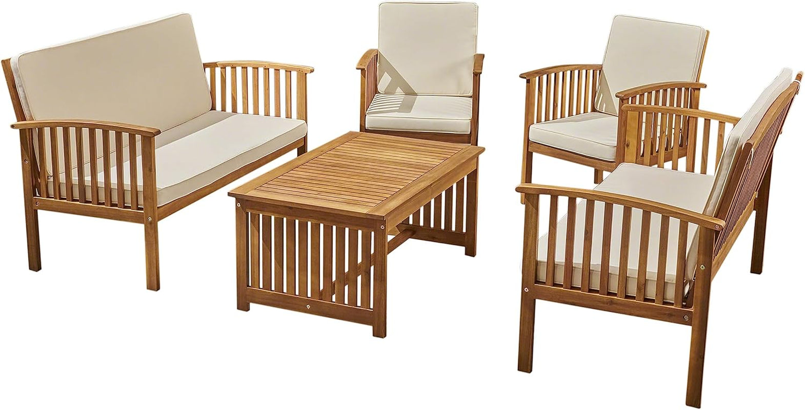 Carolina Outdoor 5-Piece Acacia Wood Sofa Conversation Set, 26.50 "W X 55.00 "D X 33.50 "H, Brown + Cream