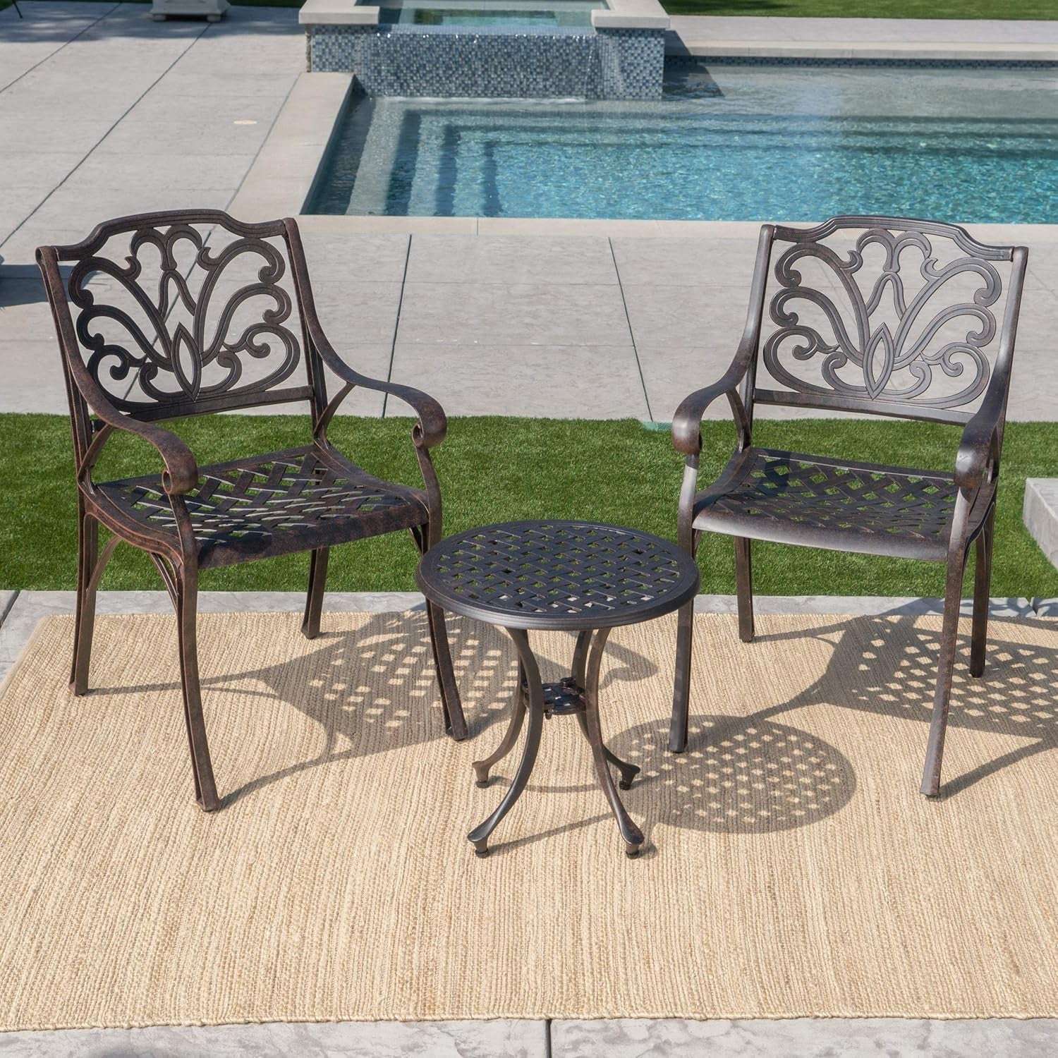 Lola Outdoor Cast Aluminum Chat Set, 3-Pcs Set, Bronze Finished